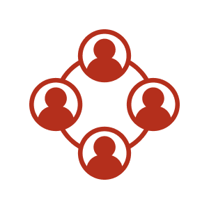 Four connected red user icons on white.